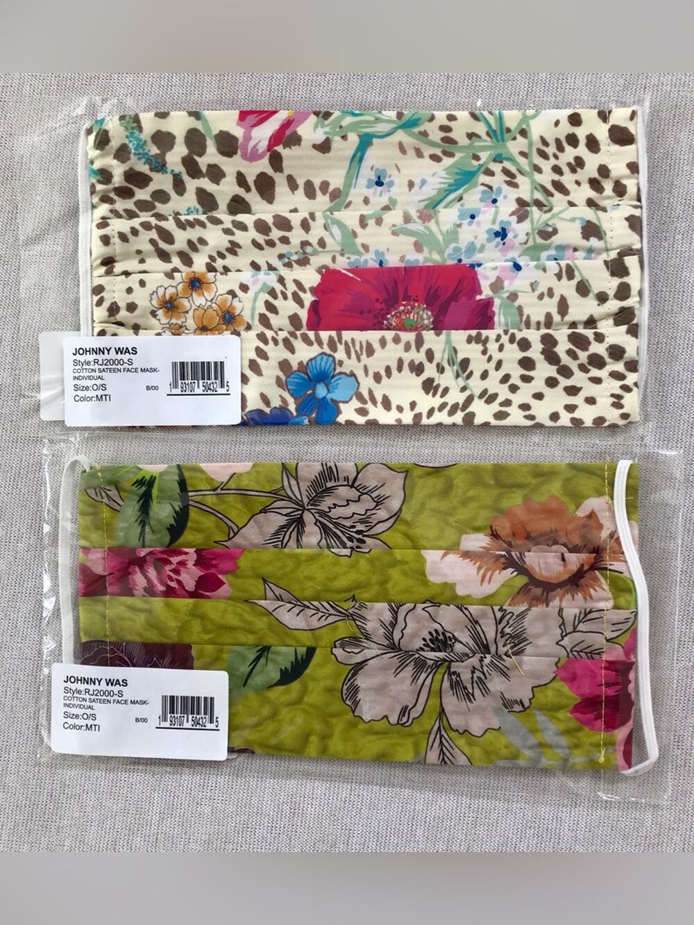 Johnny Was NWT Cotton Face Masks Duo Green & Pink Floral & Beige Animal Print